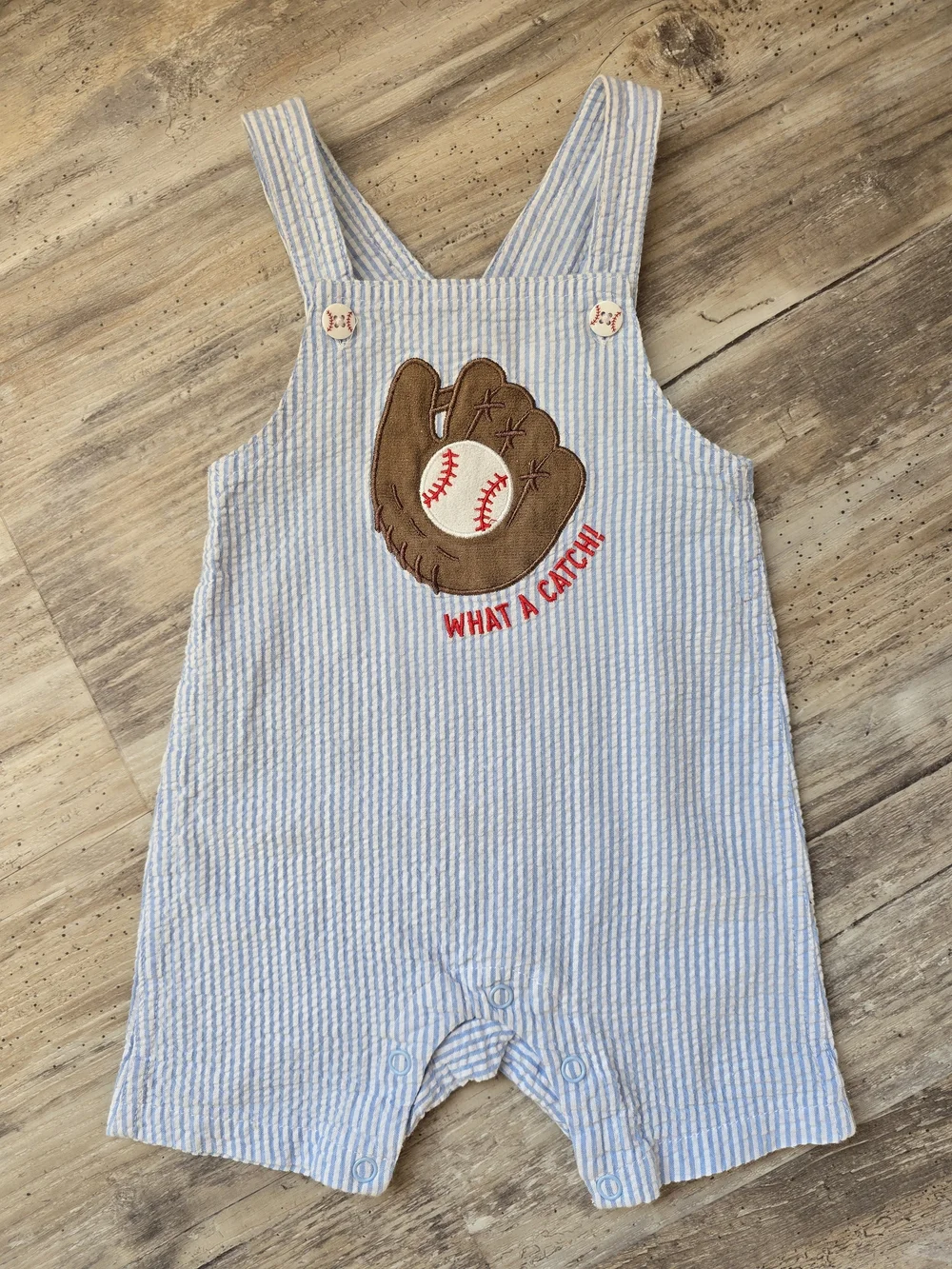 Baby Boys Blue Seersucker Baseball Shortalls with Graphic Tee